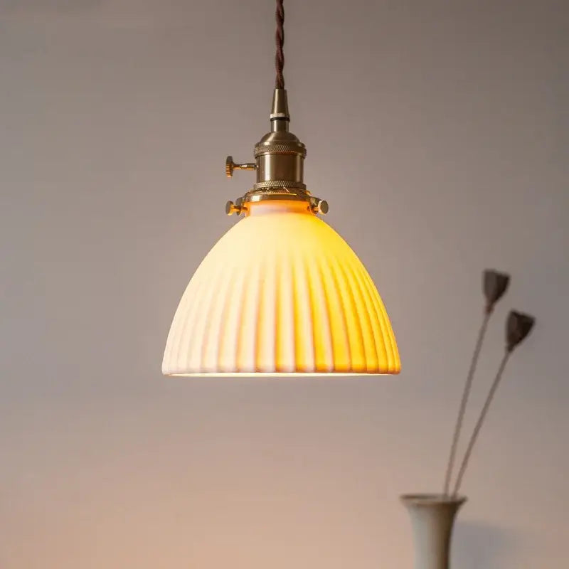 Vintage yellow ribbed glass led pendant lights for kitchen dining room