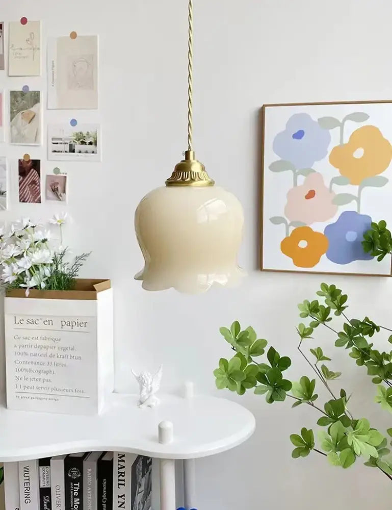 Vintage yellow tulip brass resin led pendant light dining room