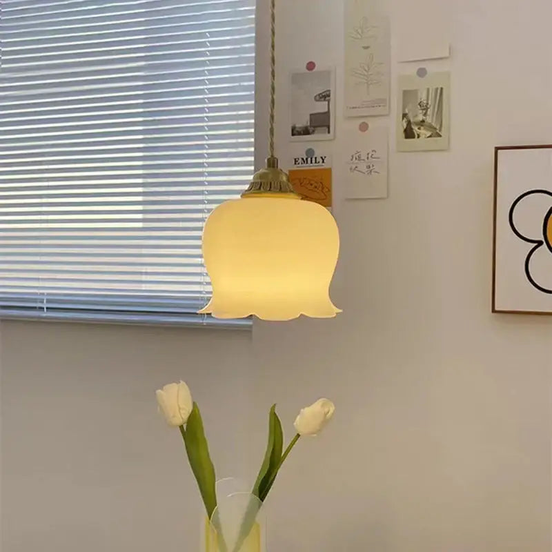 Vintage yellow tulip brass resin led pendant light dining room