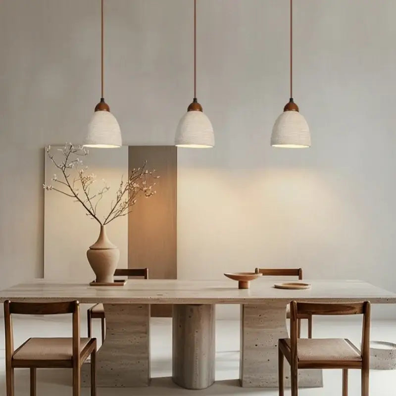 Wabi sabi beige cement pendant light dining room wood top