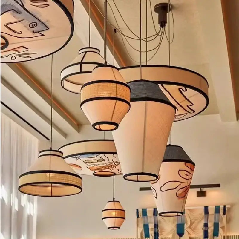 Wabi sabi illustrated fabric pendant lamp for dining room