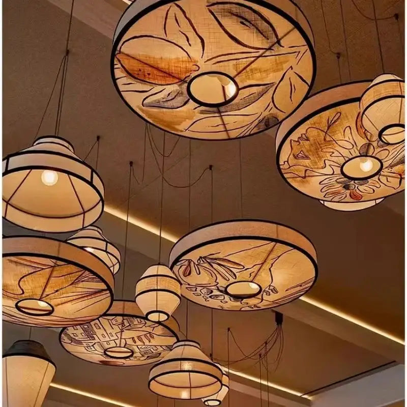 Wabi sabi illustrated fabric pendant lamp for dining room