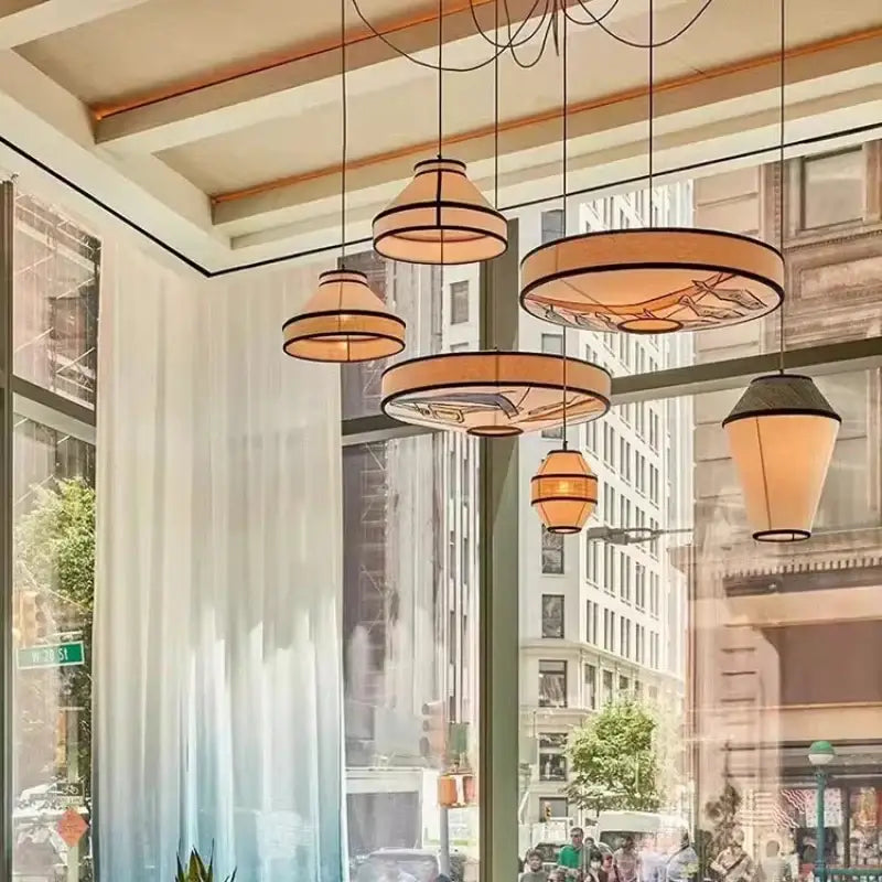 Wabi sabi illustrated fabric pendant lamp for dining room