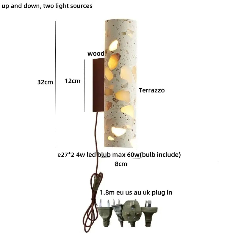 Wabi sabi terrazzo and wood led wall lights bedroom sconce