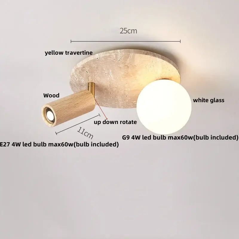 Wabi sabi travertine and wood acrylic led ceiling lamp bedroom light