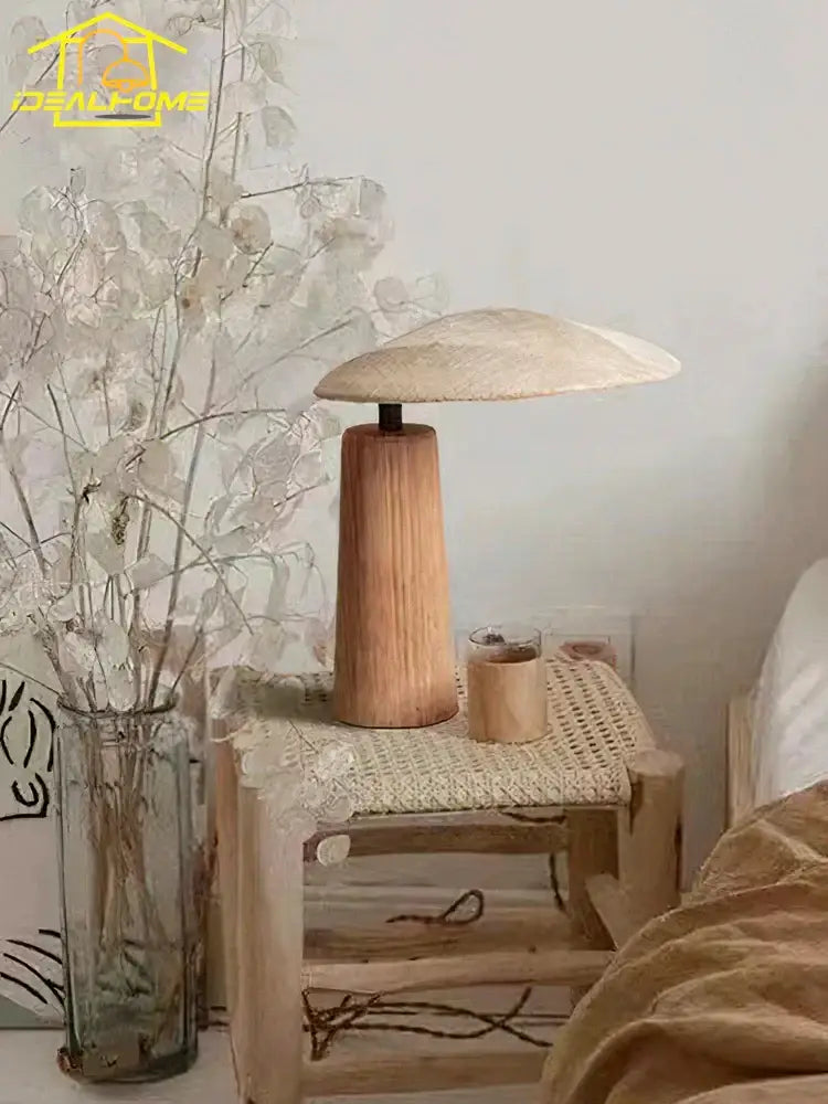 Wabi-sabi vintage wooden desk lamp bedroom fabric table light