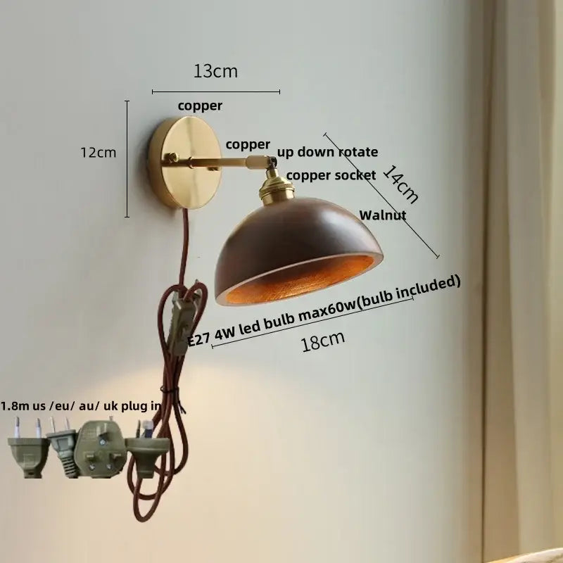 Walnut and brass wall sconce with pull chain switch bedroom light