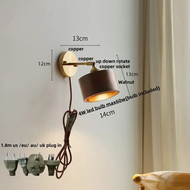 Walnut and brass wall sconce with pull chain switch bedroom light