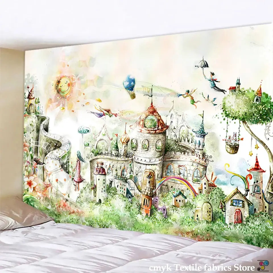 Watercolor fantasy castle printed mandala wall hanging bedroom decor
