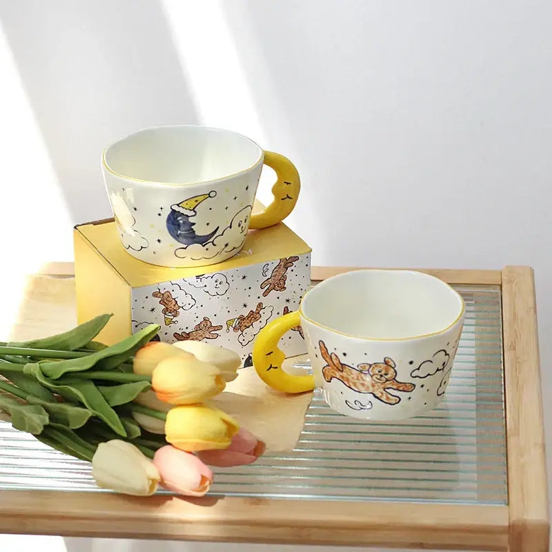 Whimsical off-white moon ceramic mug kitchen bear moon drinkware
