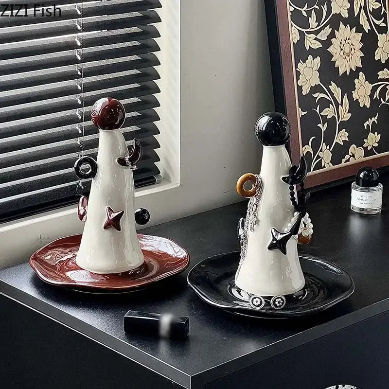 Whimsical white and brown ceramic jewelry display stand bedroom decor