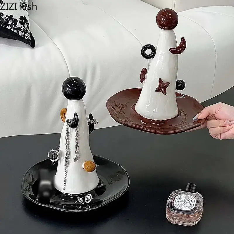 Whimsical white and brown ceramic jewelry display stand bedroom decor