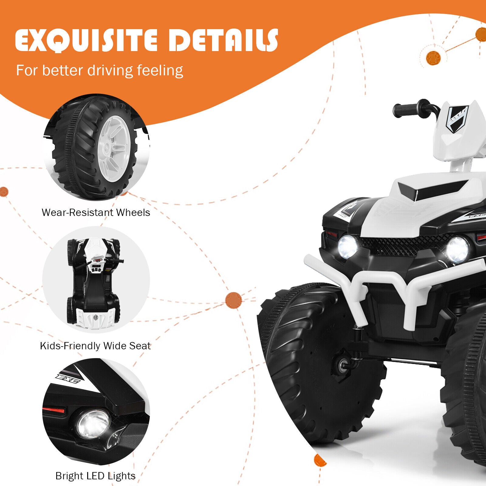 White 12V Kids ATV Quad Ride On Car with LED Light and Music Toy