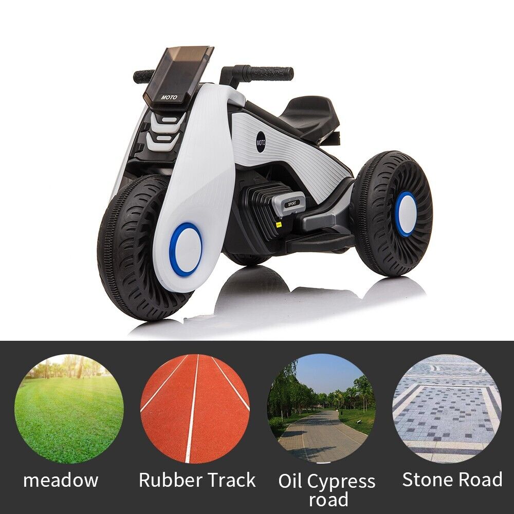White 3-Wheel Electric Motorcycle for Kids with Dual Drive System