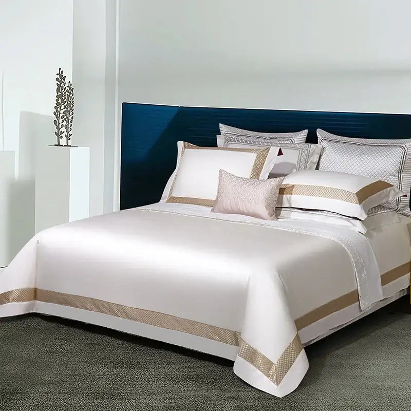 White and gold egyptian cotton bedding set with gold embroidery bedroom
