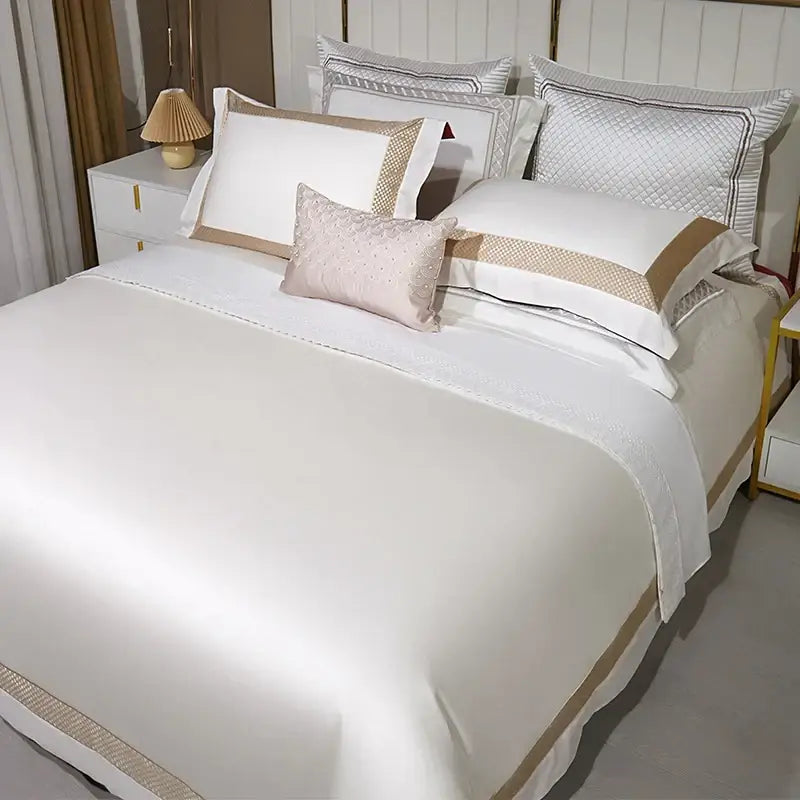 White and gold egyptian cotton bedding set with gold embroidery bedroom