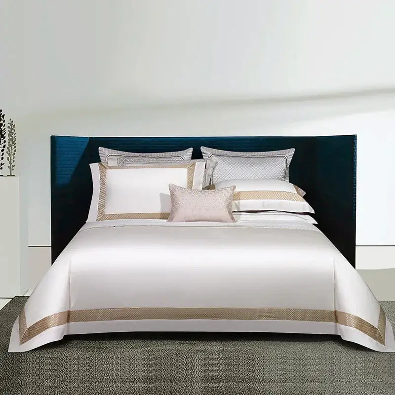 White and gold egyptian cotton bedding set with gold embroidery bedroom