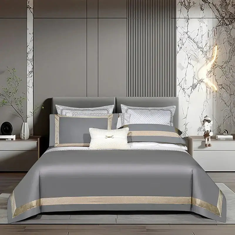 White and gold egyptian cotton bedding set with gold embroidery bedroom