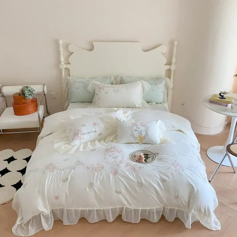 White and pink 4pcs flowers embroidery bedding set bedroom ruffles