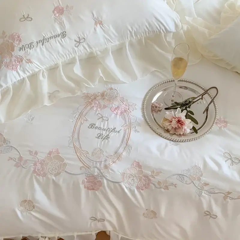 White and pink 4pcs flowers embroidery bedding set bedroom ruffles