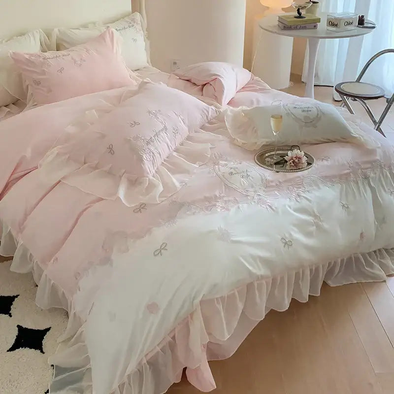 White and pink 4pcs flowers embroidery bedding set bedroom ruffles