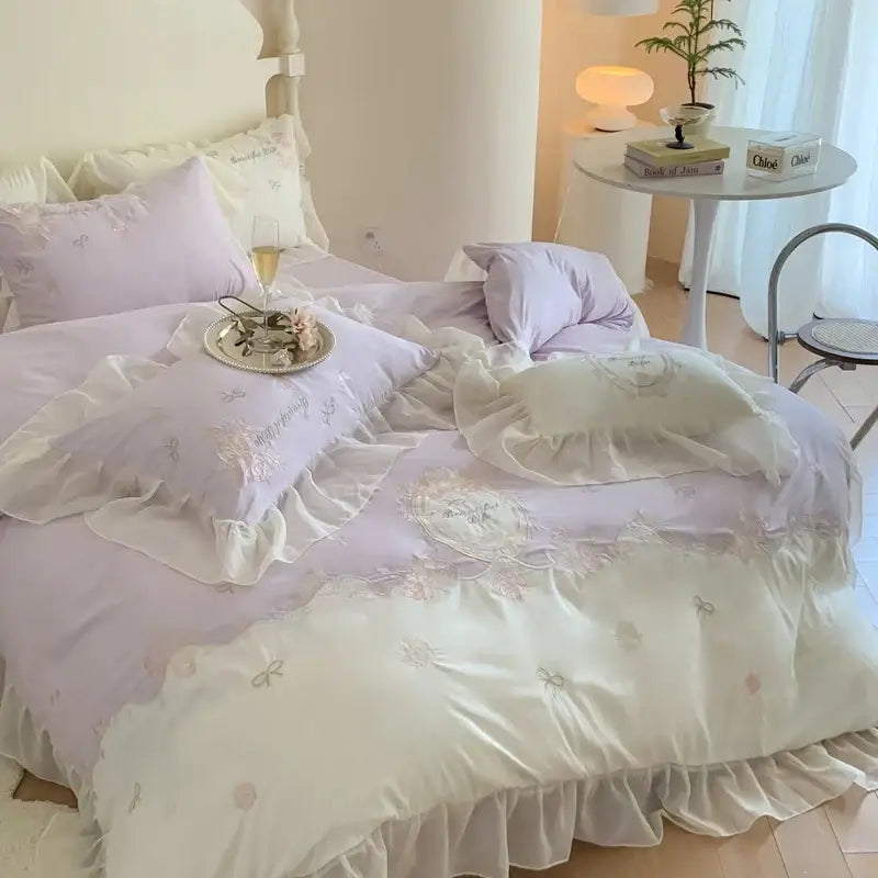 White and pink 4pcs flowers embroidery bedding set bedroom ruffles