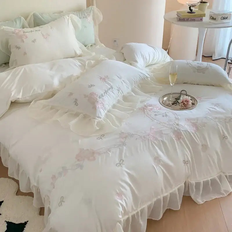 White and pink 4pcs flowers embroidery bedding set bedroom ruffles