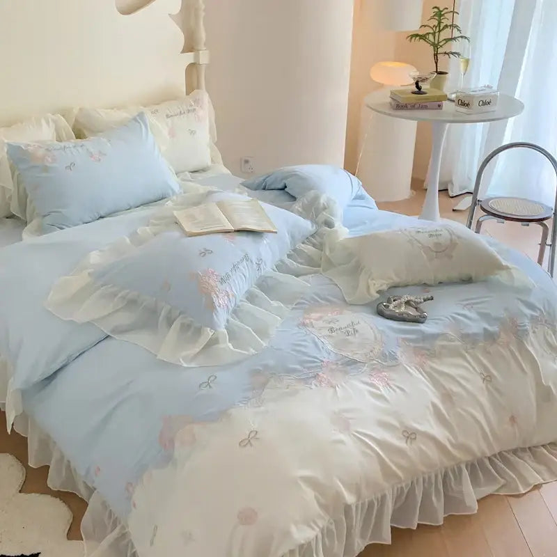 White and pink 4pcs flowers embroidery bedding set bedroom ruffles