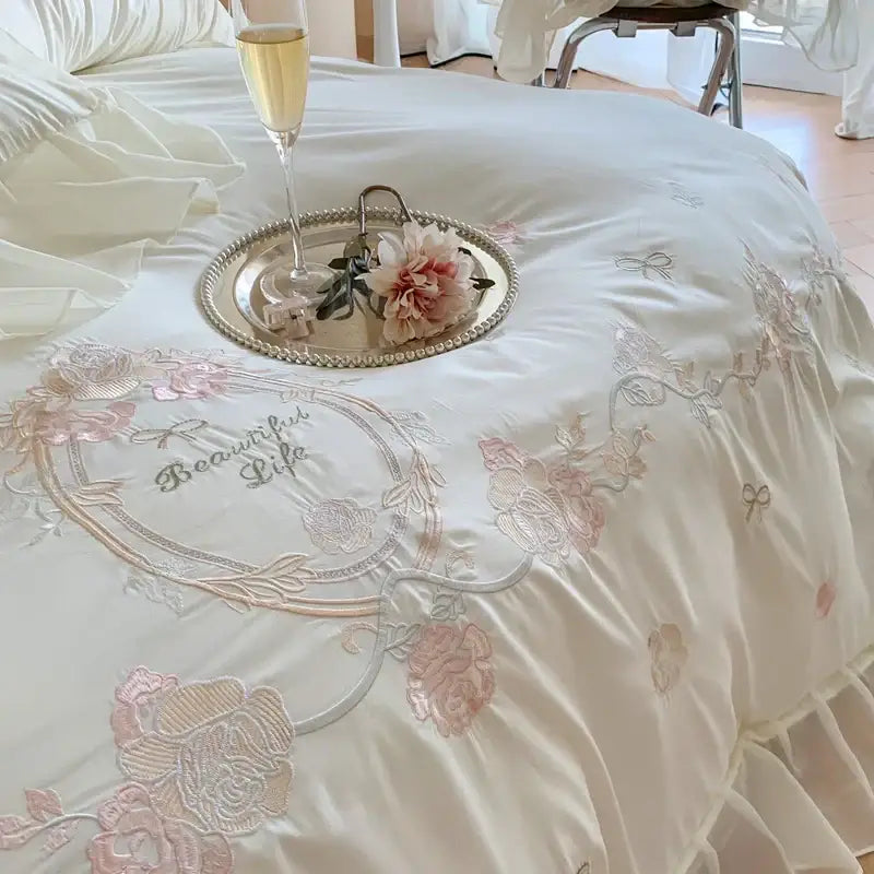 White and pink 4pcs flowers embroidery bedding set bedroom ruffles
