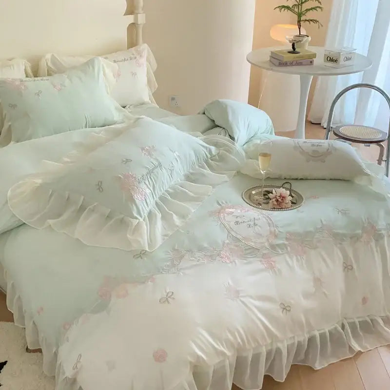 White and pink 4pcs flowers embroidery bedding set bedroom ruffles