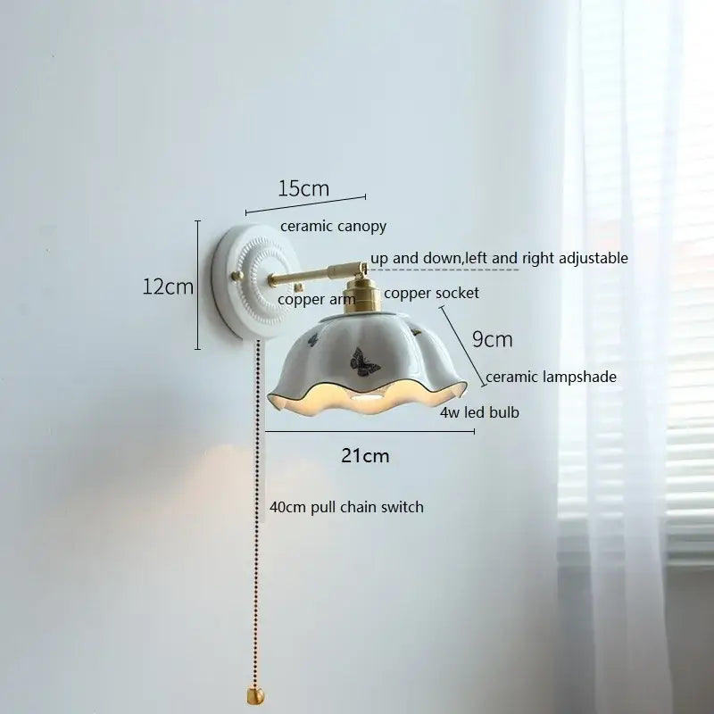 White butterfly ceramic led wall lamp bedroom scalloped sconce