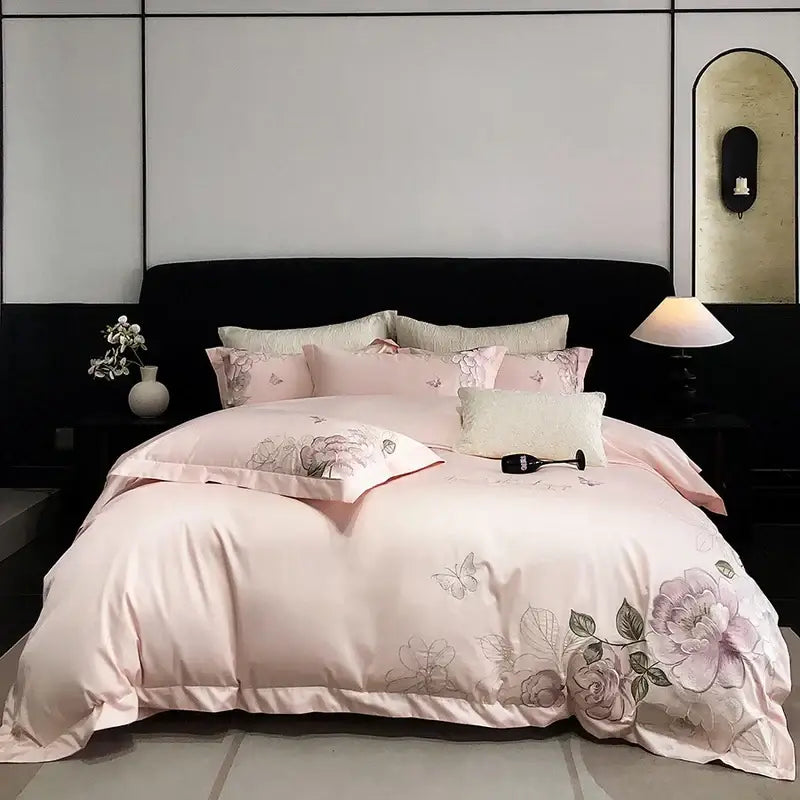 White butterfly flowers embroidery egyptian cotton bedroom bedding set