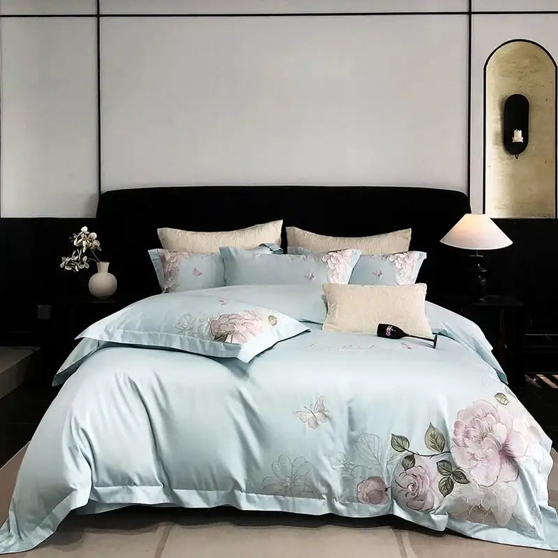 White butterfly flowers embroidery egyptian cotton bedroom bedding set