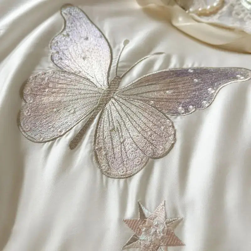 White butterfly lace ruffles bedding set bedroom embroidery