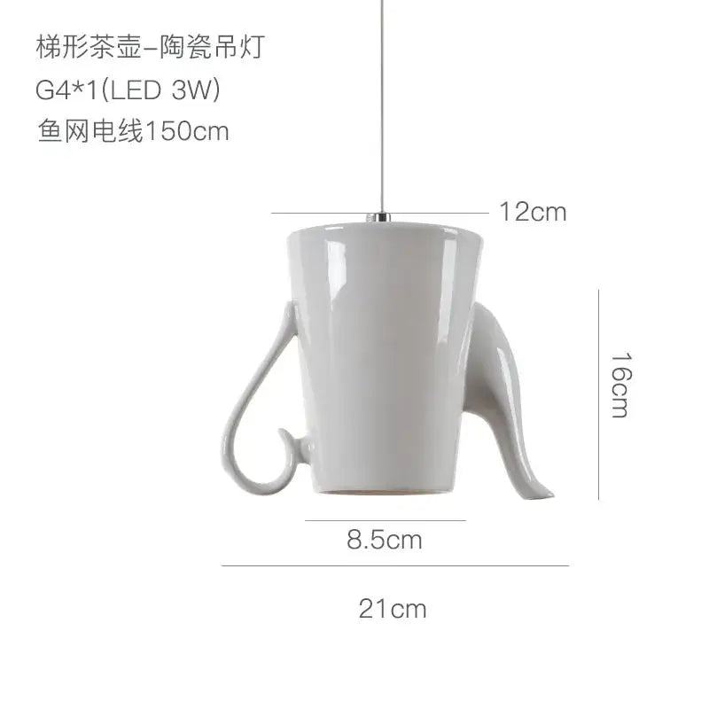 White ceramic teapot and mug pendant lights for kitchen dining room