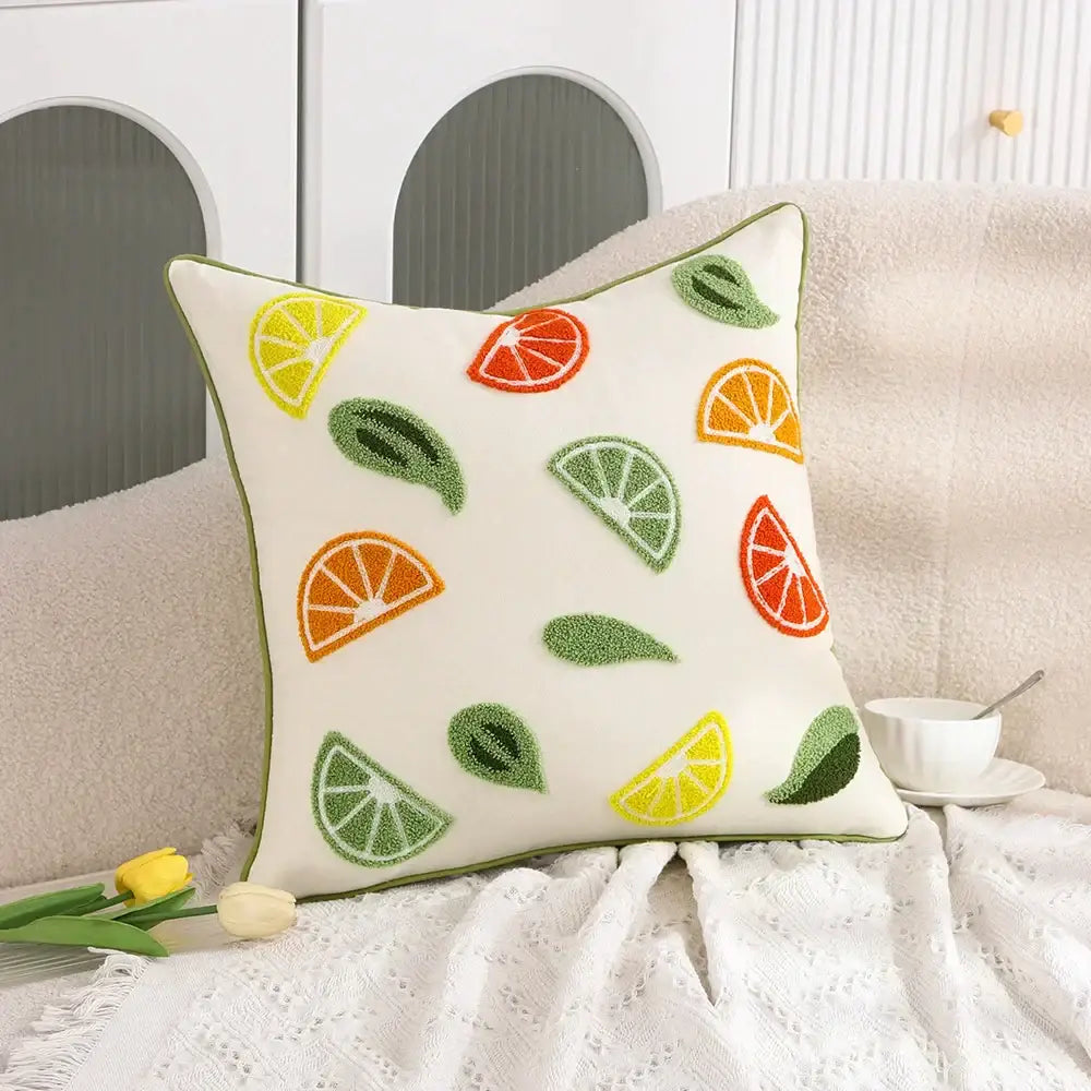 White embroidered cactus lemon pillow case living room decor