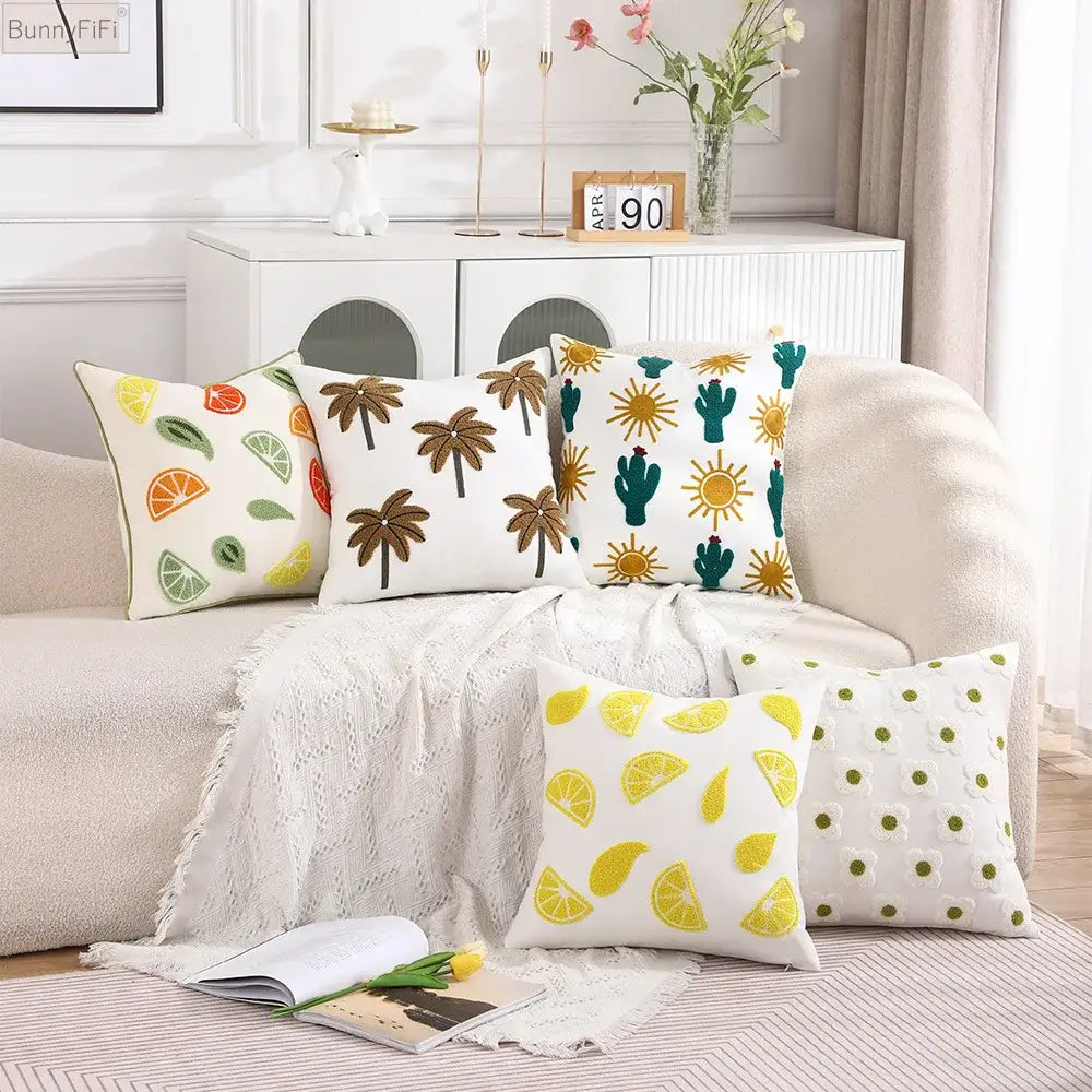 White embroidered cactus lemon pillow case living room decor
