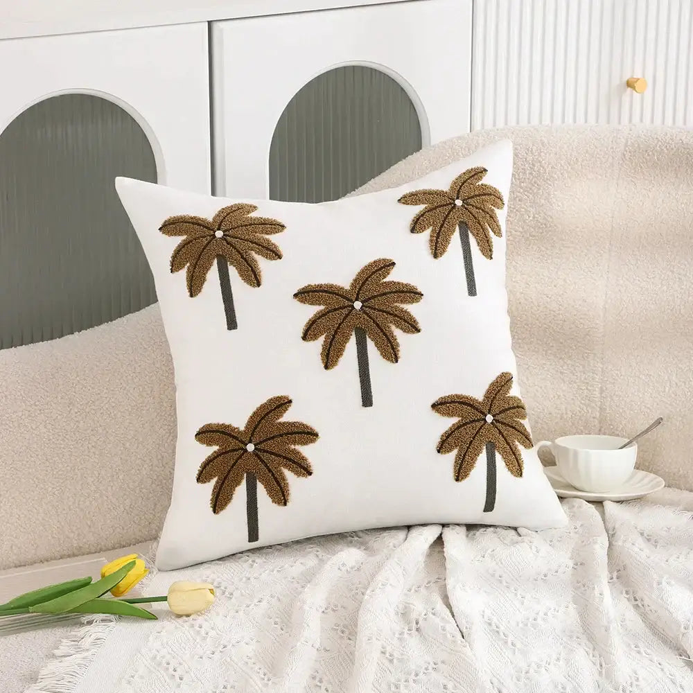 White embroidered cactus lemon pillow case living room decor