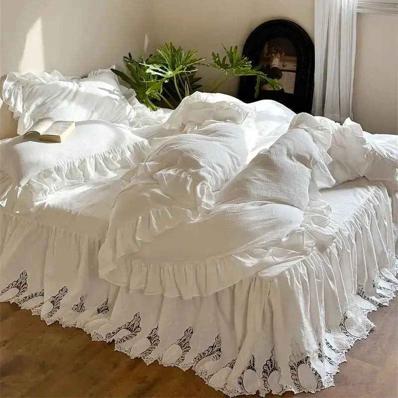 White embroidered lace cotton ruffles bedding set – bedroom luxury