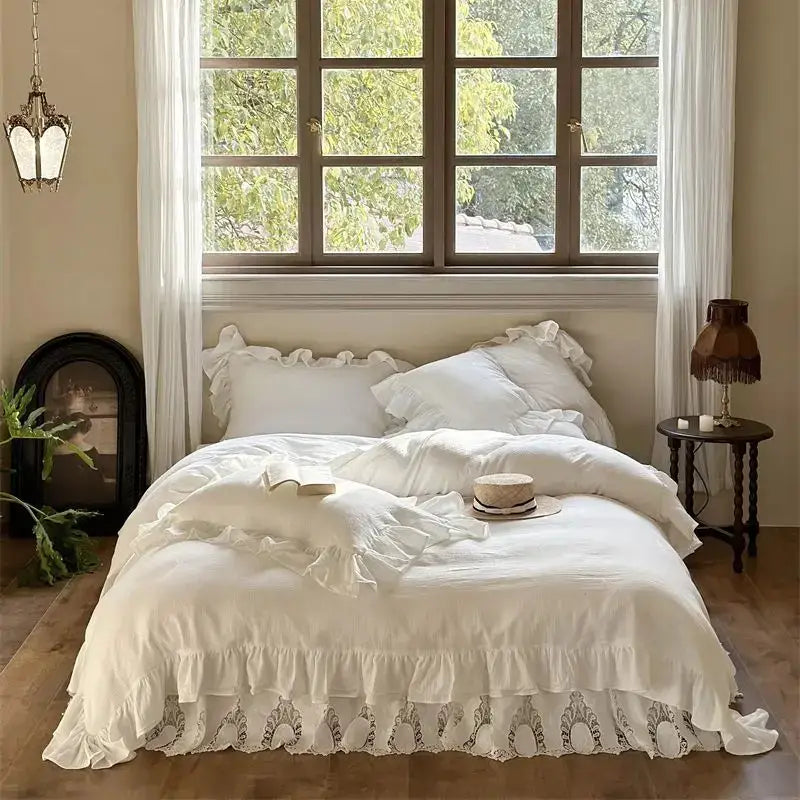 White embroidered lace cotton ruffles bedding set – bedroom luxury