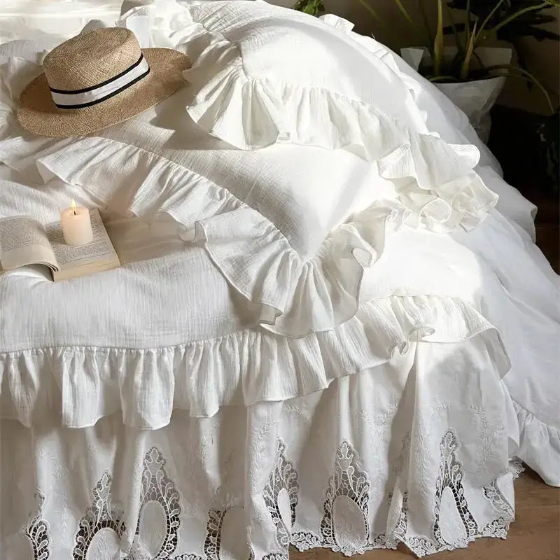 White embroidered lace cotton ruffles bedding set – bedroom luxury