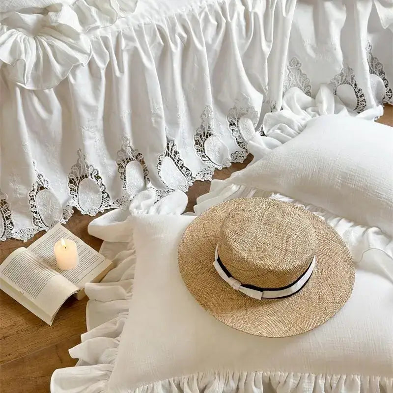 White embroidered lace cotton ruffles bedding set – bedroom luxury