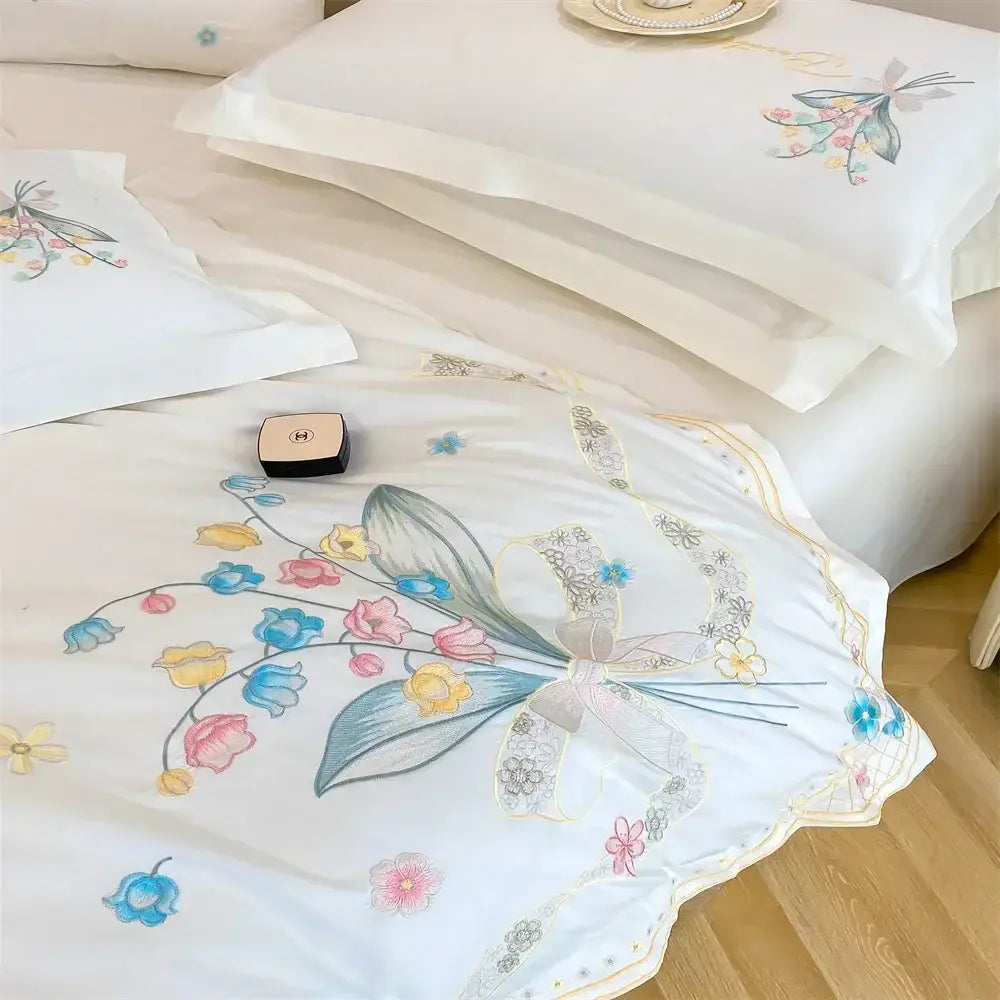 White floral butterfly flowers embroidery bedding set bedroom