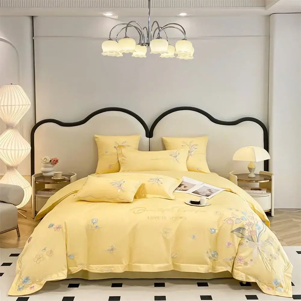 White floral butterfly flowers embroidery bedding set bedroom