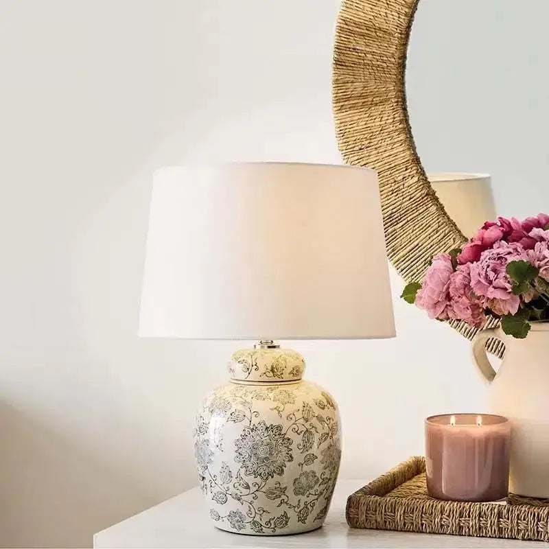 White floral ceramic desk lamp bedroom side table decor