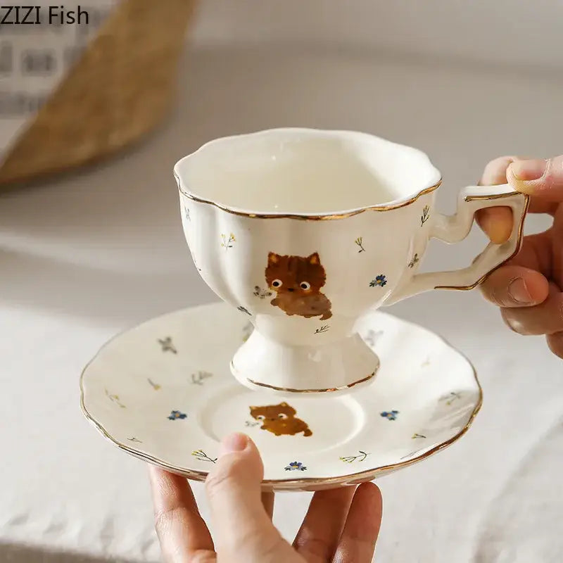 White gold trim cartoon kitten pattern ceramic mug and saucer dining room