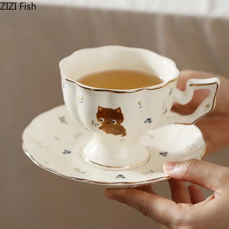 White gold trim cartoon kitten pattern ceramic mug and saucer dining room