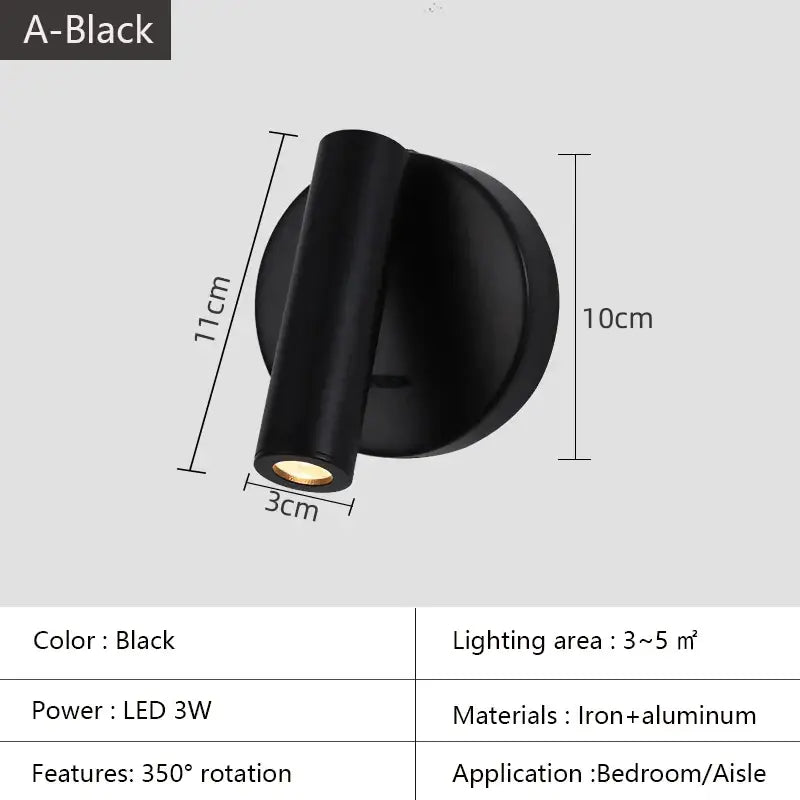 White lacquered swivelling bedroom wall lamp with push button switch