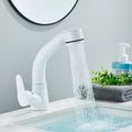 White plastic kitchen sink faucet with curved spout and single lever