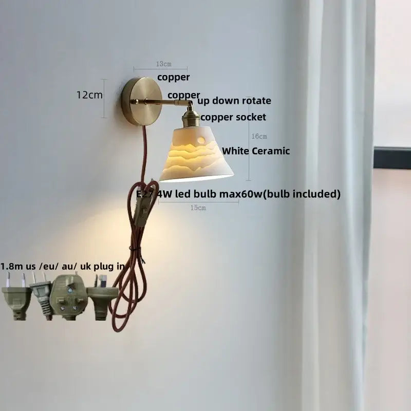 White ribbed ceramic led wall sconce bedroom pull chain light